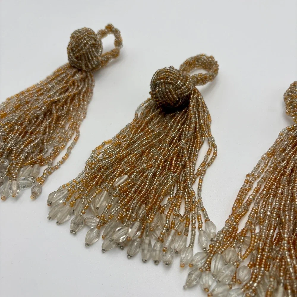 Set of 3 Beaded Tassel Napkin Rings Tie Backs Vintage Gold Silver Boho Decor